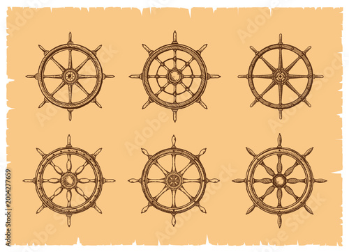 Ship steering wheels or rudders and helm sketches geographic map elements, vector icons. Ancient ship helm and sailboat rudder or steering wheel in engraving etching for pirate marine map