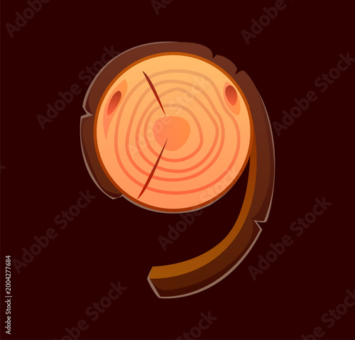 Camping font, travel wooden log 9 nine letter typeface, hiking ABC English type alphabet. Camping font vector figure, travel type digit with tree stump bark, log cut wooden cracks and rings texture