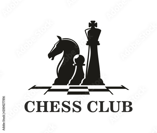 Chess sport team competition graphic icon or emblem. Business strategy icon, board game competition vector sign. Chessboard club symbol with knight, pawn, king on checkered board and typography