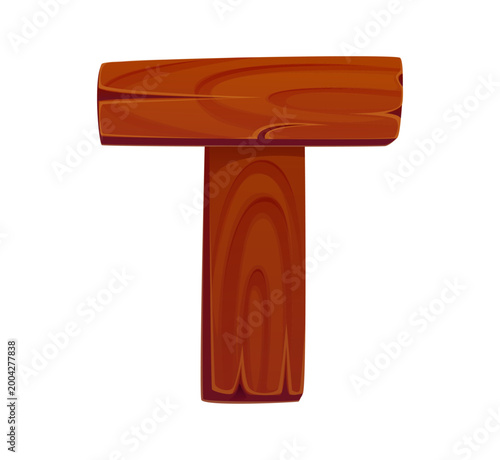 Cartoon wooden, timber English alphabet font type, typeset letter T. Wooden typeset font symbol, fence plank kids ABC typeface vector sign. Timber English alphabet letter