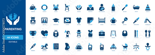 Baby Care and Parenting Solid Icon Set Featuring Changing Bag Pacifier High Chair Stroller Crib Monitor Diaper Romper Milk Bottle Dropper Thermometer Rocking Horse Swing Playground Blanket