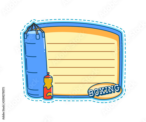 Boxing gym, sport training kids memo note template. Boxing trainig schedule label, boxer gym scrapbook vector sticker. Fighting club kids diary memo note with blue punching bag, fitness water bottle
