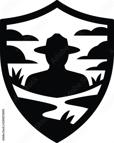 Black silhouette of a park ranger wearing a wide-brimmed hat, set inside a shield shape with a landscape background, of clouds, grass, and a path, isolated on a, white background