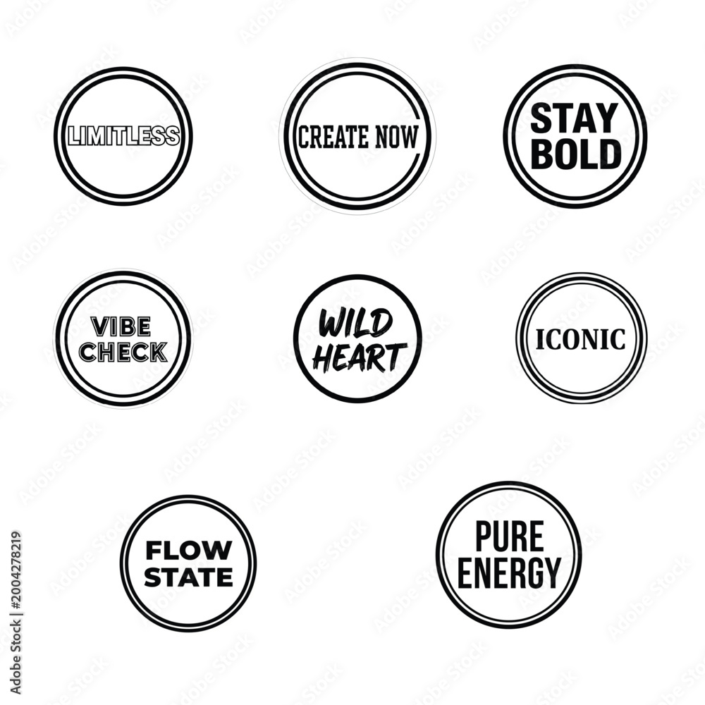 Fototapeta premium Bold circular badge typography with strong central phrase and thick outline shape for sticker design laptop decal and modern merch branding