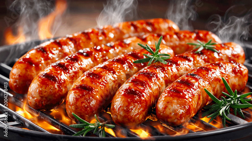 Juicy fried sausages are cooked over an open grill fire, a close-up of delicious meat with a golden crust, a concept of barbecue, picnic, and delicious fried food.