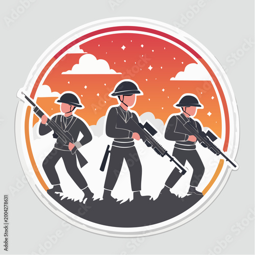 Illustration of three soldiers with rifles in a circular emblem