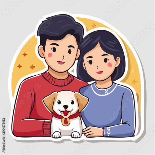 Happy Couple with Dog Cartoon Sticker