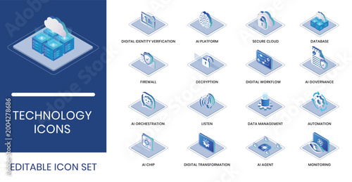 Isometric Technology Icons Vector Illustration Set with AI Platform, Cybersecurity, Cloud Computing, Data Management, Digital Transformation, Automation and Firewall for IT Business Infographic Design
