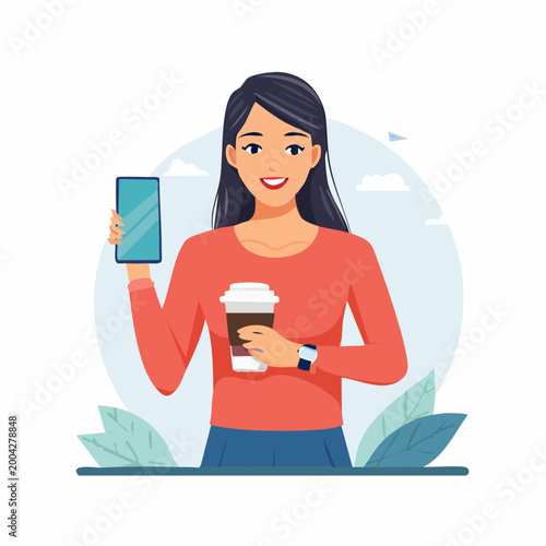 Woman Holding Smartphone and Coffee Cup
