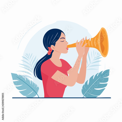 Woman blowing a horn with tropical leaves
