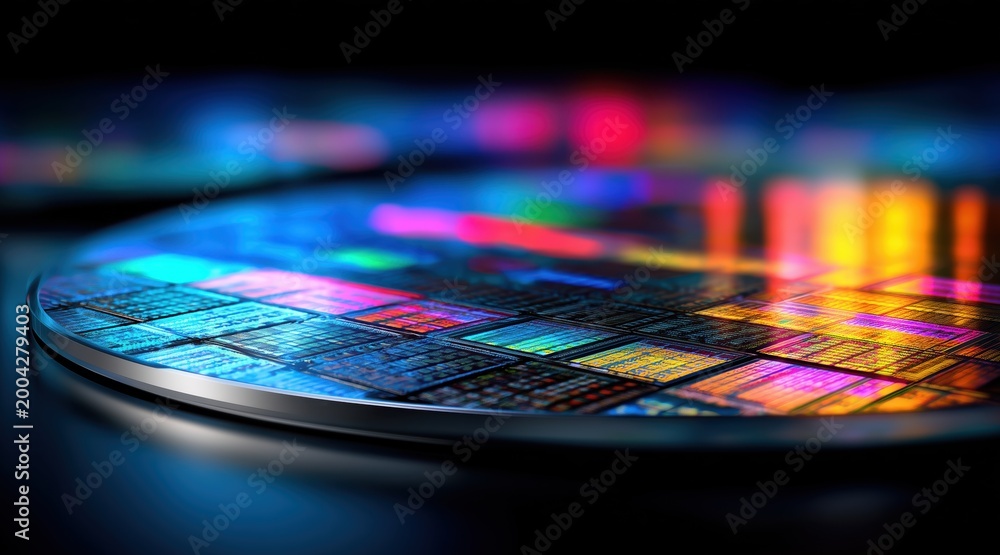 Fototapeta premium Macro view of silicon wafer with colorful light reflections on semiconductor surface