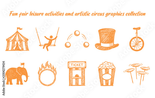 Fun fair leisure activities and artistic circus graphics collection