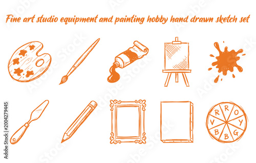 Fine art studio equipment and painting hobby hand drawn sketch set