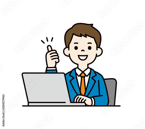ノートパソコンの前でグッドのポーズをする、ビジネスマンのシンプルな上半身ベクターイラスト素材