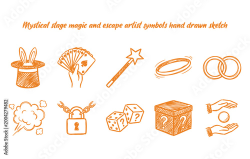 Mystical stage magic and escape artist symbols hand drawn sketch