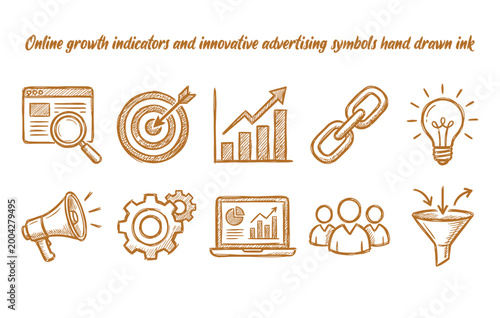 Online growth indicators and innovative advertising symbols hand drawn ink