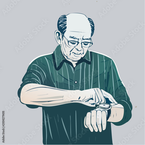 Senior Checking Smartwatch Health Data Modern Aging Technology Flat Vector Illustration