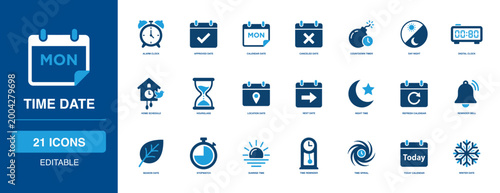 Date and Time Schedule Solid Icon Set Highlighting Calendar Countdown Timer, Day Night Digital Clock, Refresh Reminder Bell, Location Season Sunrise, Winter Spiral, Today Home Approved Cancel