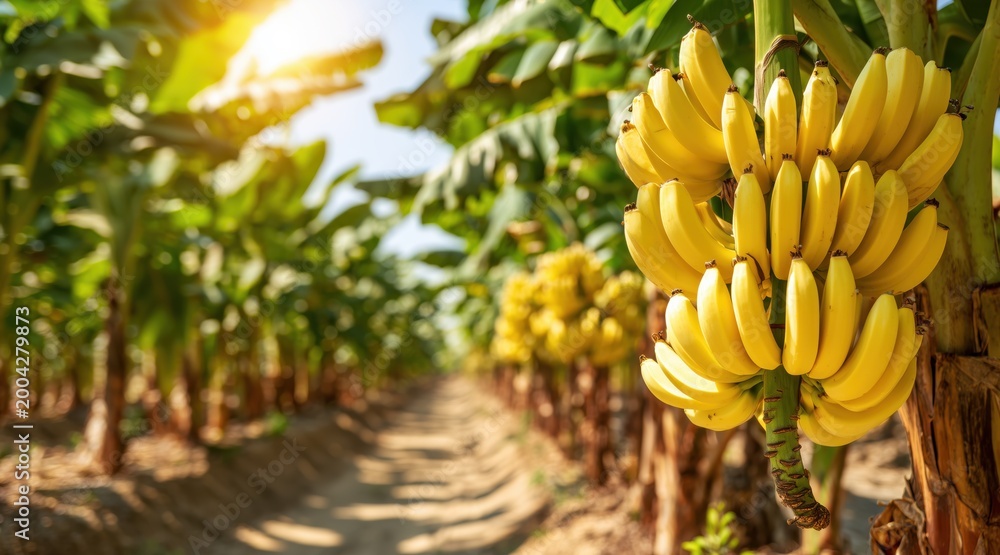 Naklejka premium Yellow banana bunch hanging on tree in tropical plantation