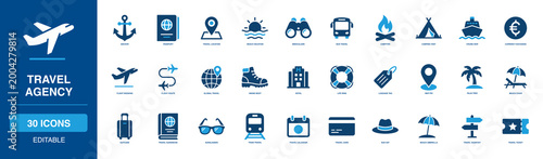 Tourism and Travel Agency Solid Icon Set Exploring Beach Vacation, Cruise Ship, Currency Exchange, Flight Booking Route, Hiking Boot, Luggage Map Pin, Suitcase Guidebook Train Umbrella