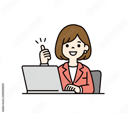 パソコンの前に座ってグッドサインをする、ビジネスウーマンの上半身ベクターイラスト素材