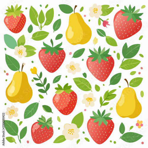 Seamless Pattern with Strawberries, Pears, Leaves, and Flowers
