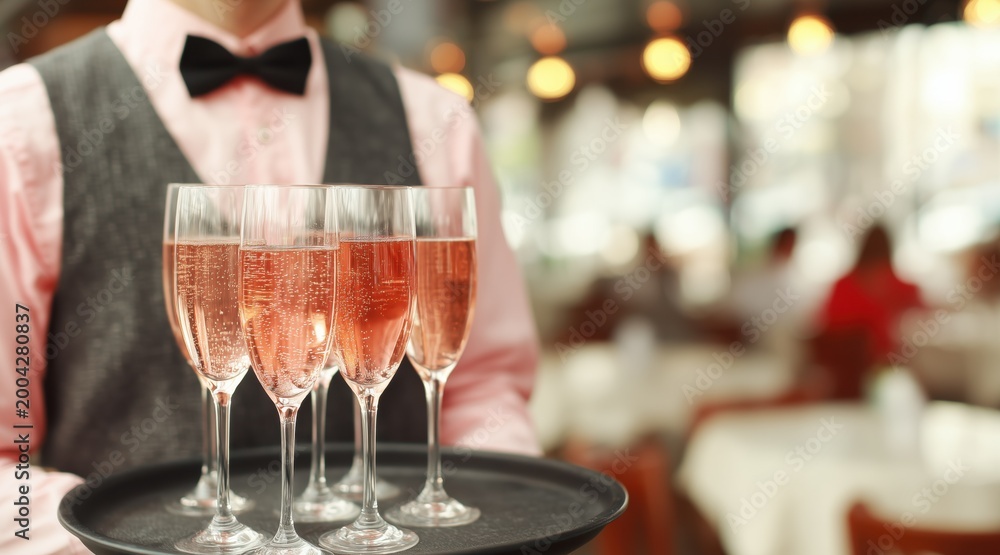 Obraz premium Waiter carrying tray with glasses of pink sparkling wine in restaurant