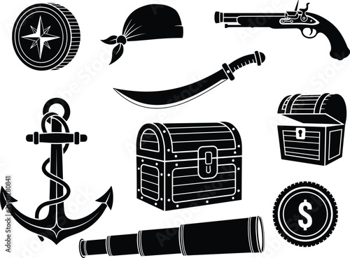 Black and white pirate-themed including treasure chest, sword, anchor, and compass