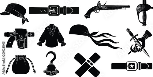 Black silhouettes of pirate-themed including clothing, accessories, and white background