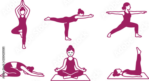 Yoga Poses, Meditation, and Women's Fitness Vector Icon Set