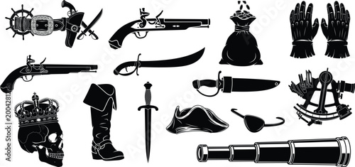 Black silhouettes of pirate-themed including guns, swords, and accessories white background