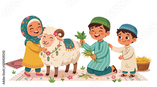 Happy Eid al-Adha Celebration with Children and Sheep Vector Illustration for Festive Greetings and Islamic Holiday Designs
