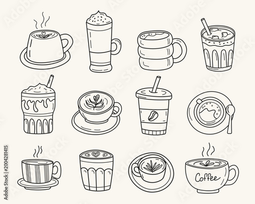 Coffee Drinks Doodle Icon Set with Cups Latte Cappuccino and Iced Beverages Vector Collection