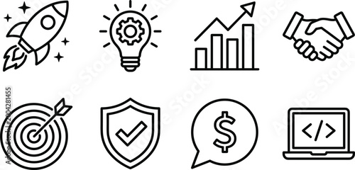 Startup business success icons set with rocket launch innovation growth chart partnership target security finance and coding symbols vector illustration