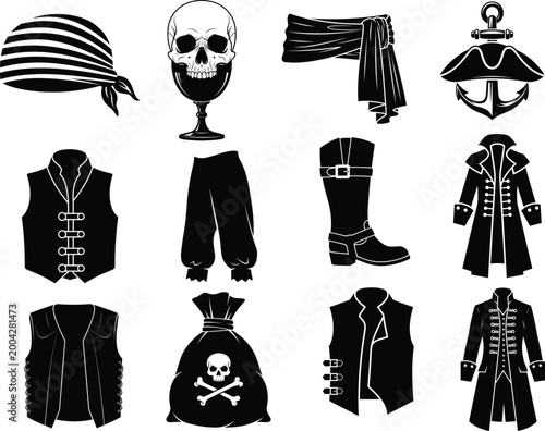 Pirate costume accessories and symbols, black and white