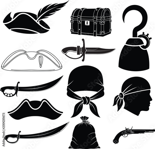 Pirate symbols and accessories, black silhouettes on white background