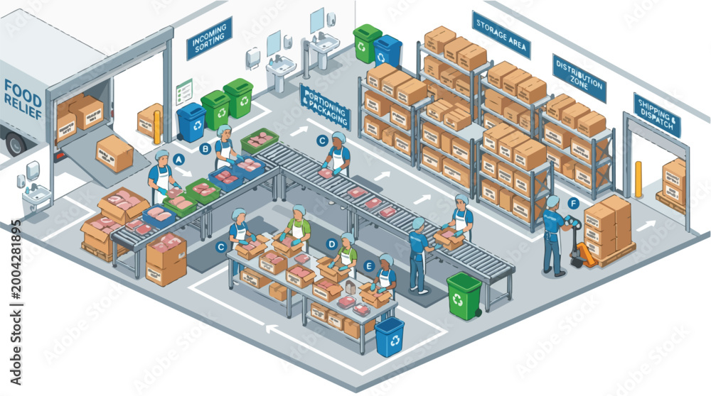 Fototapeta premium Food Bank Distribution Center Isometric View Charity Organization Logistics Food Relief Operations