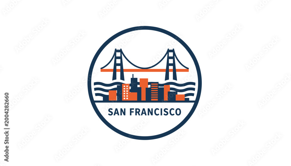 Fototapeta premium San Francisco Skyline Badge Icon, Golden Gate Bridge Round Travel Illustration, Minimal Line Urban Landmark Vector