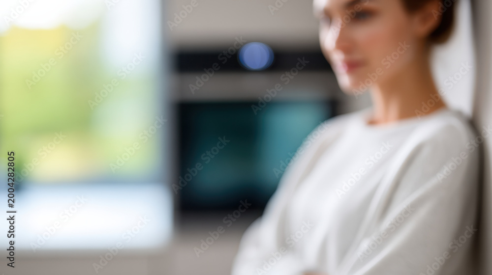 Fototapeta premium Young woman relaxing in modern kitchen interior with natural light and built in oven, enjoying peaceful moment at home