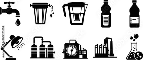 Water and industrial factory icons on checkered background vector illustration.