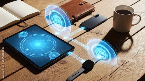 Hand using tablet with smartwatch nearby.