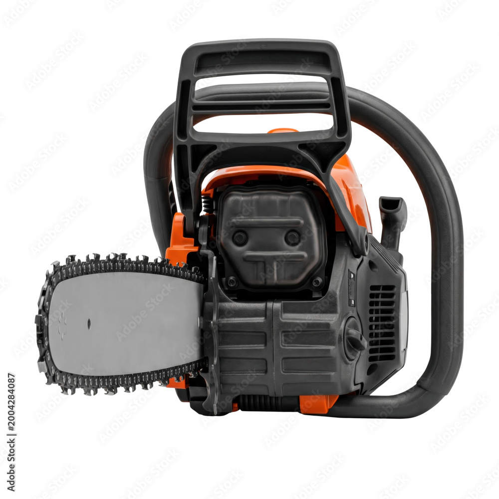 Naklejka premium Professional orange gasoline chainsaw engine with cutting blade