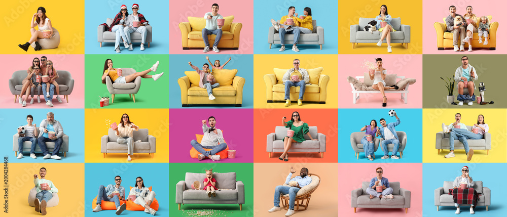 Fototapeta premium Big collage of people with popcorn watching movie on color background