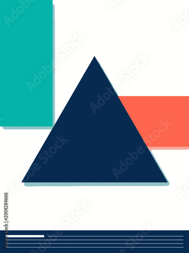 A graphic design element featuring a large dark blue triangle with a teal rectangle and red rectangle on a white background
