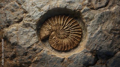 A detailed close-up of a fossilized ammonite shell embedded in a rough rock surface, showcasing intricate spiral patterns.