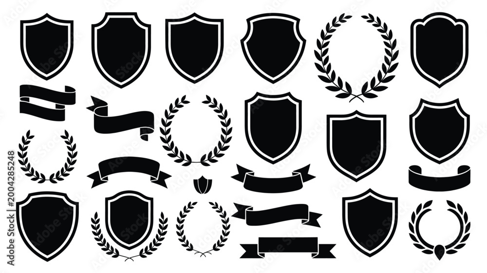 © hamad - A comprehensive vector graphic set containing various black shield emblems, laurel wreaths, and decorative ribbons for professional corporate identity design and modern heraldic branding projects.
