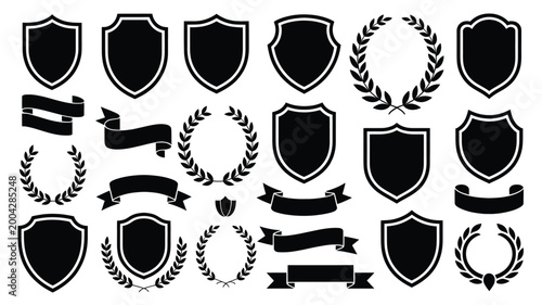A comprehensive vector graphic set containing various black shield emblems, laurel wreaths, and decorative ribbons for professional corporate identity design and modern heraldic branding projects.
