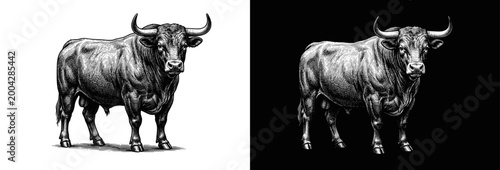 Vintage Hand Drawn Bull Sketch Illustration Isolated on Black and White Backgrounds