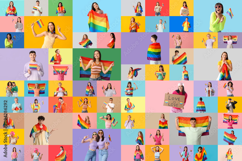 Fototapeta premium Group of lgbt people with rainbow flags on colorful background