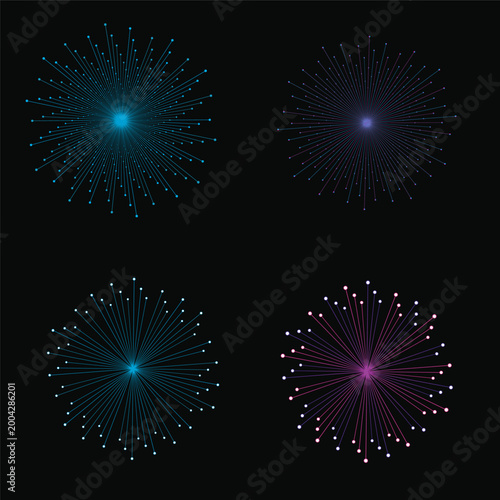 Blueset of colorful firework burst Vector illustration. Cyan winter holiday explosion